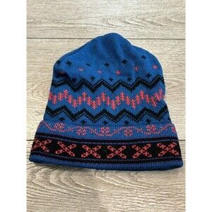 Blue and Pink Patterned Knit Beanie